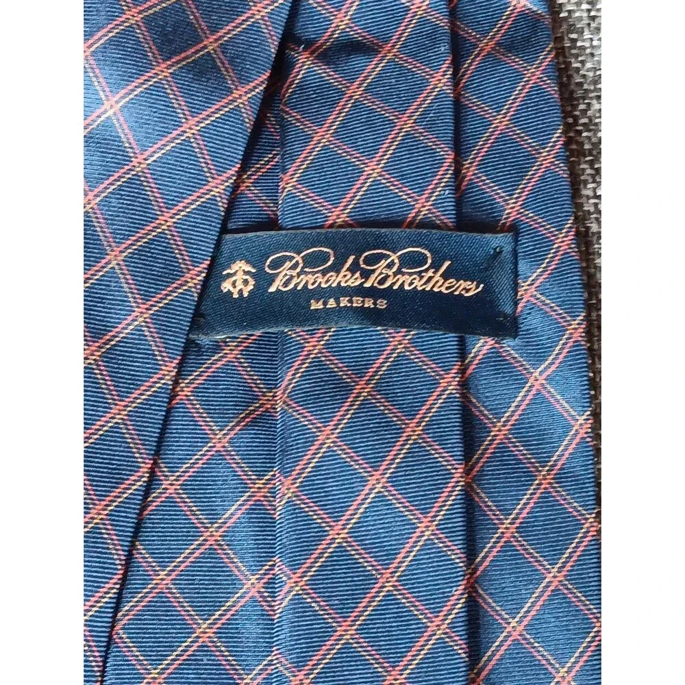Tie 70s 80s 90s Y2K Brooks Brothers Silk Blue Orange Gold Plaid 4 Wide 61 Long